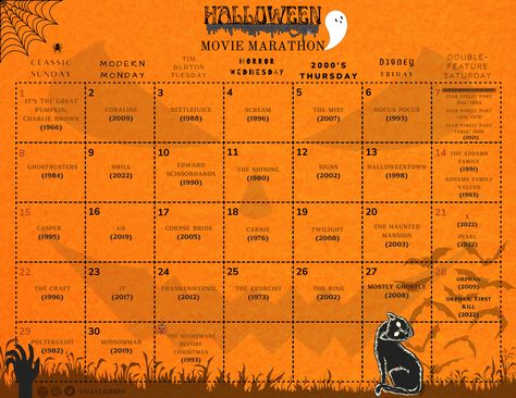 Get ready for a spine-chilling extravaganza with our Halloween 2023 Movie Marathon Calendar! 🎃🎬 Dive into a world of frights, thrills, and supernatural delights as we bring you a lineup of must-watch films that will leave you on the edge of your seat. From classic horror to modern disney, this calendar promises a hauntingly good time for all Halloween enthusiasts. With heart-pounding suspense and hair-raising scares, this movie marathon will ignite your Halloween spirit like never before. October Scary Movie Calendar, Scary Movie Calendar, October Movie Calendar, Halloween Movie Marathon Aesthetic, Halloween Movie Calendar, Halloween Calendar Ideas, Fall Movie Marathon, Halloween Marathon, Bingo Movie