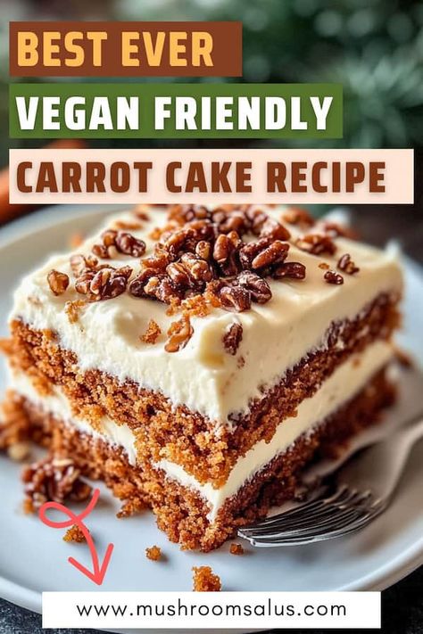 Indulge in this irresistible vegan-friendly carrot cake recipe, perfect for any occasion! This moist, flavorful cake is topped with a rich, dairy-free cream cheese frosting and crunchy pecans. It’s easy to make, uses simple ingredients, and is the perfect treat for any vegan or vegetarian dessert lover. Ideal for birthdays, family gatherings, or even just a snack, these carrot cake bars with cream cheese frosting are a crowd-pleaser. Plus, they’re gluten-free, making them a guilt-free ... Dairy Free Carrot Cake, Dairy Free Cream Cheese Frosting, Bunt Cake Recipe, Carrot Cake Frosting, Vegan Carrot Cake Recipe, Raw Vegan Dessert Recipes, Healthy Vegan Cookies, Bars With Cream Cheese Frosting, Bars With Cream Cheese