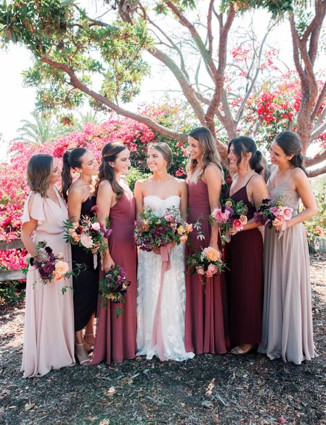 Berry Bridesmaid Dresses, Mismatched Bridesmaids Dresses, Elevated Garden, Mauve Bridesmaid, Shades Of Blush, Berry Wedding, Mauve Wedding, Purple Bridesmaid, Greenhouse Wedding