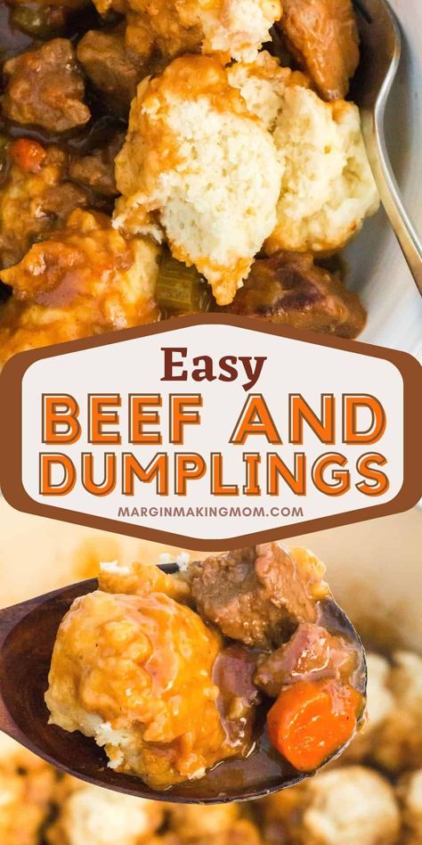 This hearty beef stew and fluffy dumplings is such a delicious comfort food! Tender chunks of beef, vegetables, and Bisquick dumplings make it one of those meals that's going to be in regular rotation. Beef And Dumplings Recipe, Beef And Dumplings, Beef Stew And Dumplings, Bisquick Dumplings, Impossible Pies, Beef Stew Stove Top, Beef Stew With Dumplings, Fluffy Dumplings, Dumpling Recipes