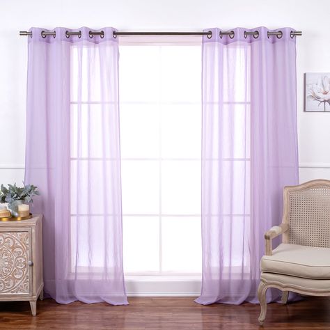 Sheer Gauzy Faux Linen curtains allow ample light to shine through its loose airy weave. The light gauzy fabric filters light adding a soft glow to your home. Size per Panel: 52"W x 84"L, Curtain Color: Lavender | Winston Porter Deloera Solid Sheer Grommet Curtain Panels Polyester in Indigo, Size 84.0 H in | Wayfair | Home Decor Lavender Curtains, Sister Room, Lavender Wall, Sheer Curtain Panels, White Floors, Rod Pocket Curtain Panels, Rod Pocket Curtains, Colorful Curtains, Grommet Curtains