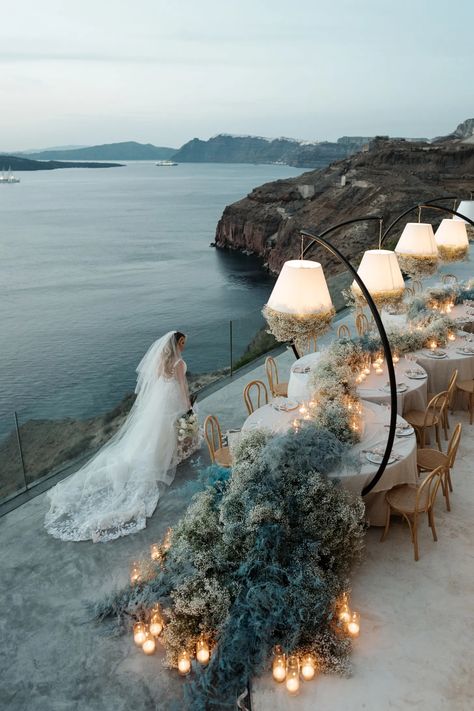 The Stunning Flowers Were The “Something Blue” at This Dreamy Santorini Destination Wedding Wedding Venues Santorini, Intimate Wedding Destinations, Japan Destination Wedding, Le Ciel Santorini Wedding, St Tropez Wedding, Destination Wedding Greece, Wedding Inspo 2024, Wedding Ideas Decoracion, Wedding Venue Greece