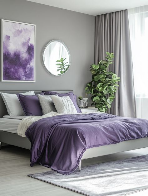 Purple and Grey Bedroom Ideas: Stylish Decor Inspiration – Bedroom Ideas and Inspirations | Magnolia 119 Lavender Boho Bedroom, Purple And Gray Bedroom Ideas, Purple And Gray Bedroom, Bedroom Lavender, Lilac Bedroom, Lavender Bedroom, Lavender Room, Minimalist Bedroom Ideas, Grey Bedroom Furniture