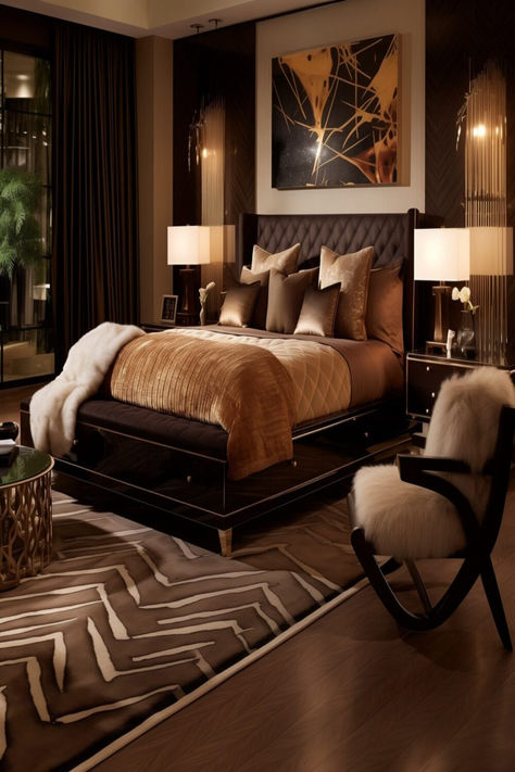 Luxurious bedroom with dark brown hues, textured bedding, and gold accents creating a lavish sleeping space. Dark Brown Bedrooms, Royal Bedroom Design, Brown Bedroom Decor, Brown Rooms, Classy Bedroom, Modern Luxury Bedroom, Gold Bedroom, Brown Bedroom, Apartment Decor Inspiration