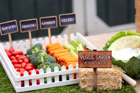 Vegetable Birthday Party, Tractor Party Snacks, Vegetable Garden Party, Farm Themed Veggie Tray, Tractor Veggie Tray, Vegetable Garden Birthday Party, Farm Veggie Tray, Party Food Farm Theme, Veggie Train Party Ideas For Kids