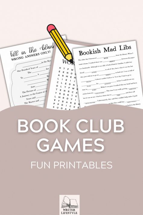 If you're in a book club, you'll love these printable book club games. Find mad libs, word search games and other printable party games for book lovers at Writer Lifestyle on Etsy. Book Club Party Games, Book Club Anniversary Ideas, Book Games Adults, Games For Book Club, Book Themed Party Games, Book Club Retreat, Book Themed Games, Book Club Names Clever, Book Club Ideas Hosting Games