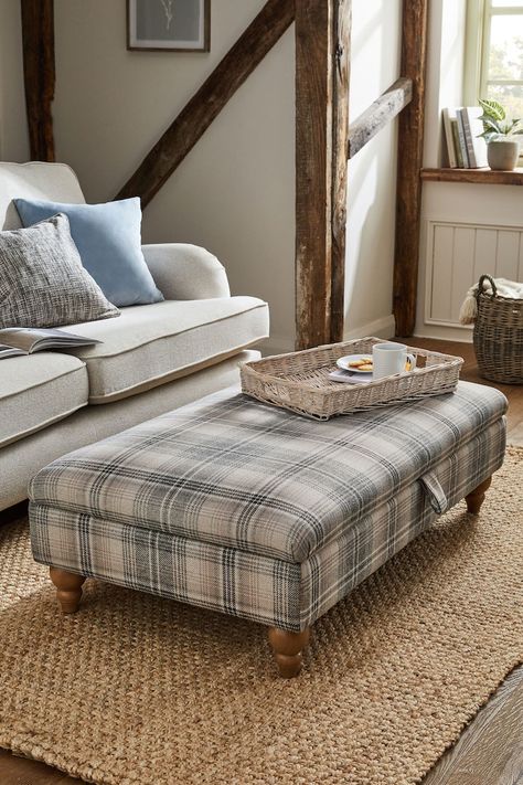 Living Room Footstool, Coffee Table Footstool, Footstool Styling, Footstools Ideas Living Room, Large Ottoman Living Room, Foot Stool Ideas, Ottoman Decor Living Room, Sofa Japandi, Living Room With Ottoman