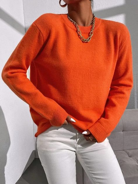 spring sweaters Orange Sweater Outfit, Orange Pullover, Orange Sweater, Solid Color Sweater, Orange Outfit, Solid Sweaters, Orange Sweaters, Spring Sweater, Drop Shoulder Sweaters