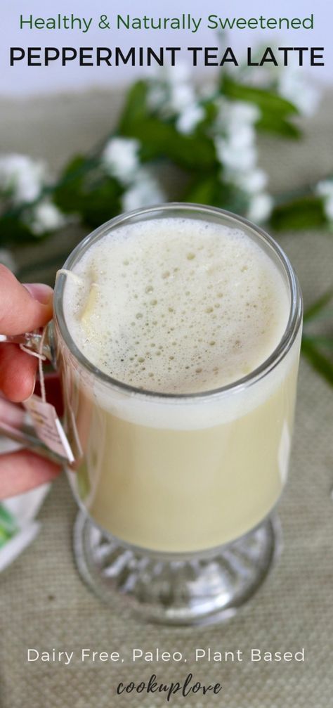 This Peppermint Tea Latte is warm, naturally sweetened, creamy, and delicious! Perfect in the Fall & Winter! There are 2 ways to make this drink, one is with a regular peppermint tea bag and the other is with 1 drop of peppermint essential oil. It's dairy free, plant based, paleo, clean eating, vegan & healthy! Wake Up Tea Recipe, Caffeine Free Tea Recipes, How To Make Peppermint Tea, Healthy Winter Drinks, Creamy Tea Recipes, Tea Latte Ideas, Fall Tea Recipes, Peppermint Tea Latte, Herbal Tea Latte