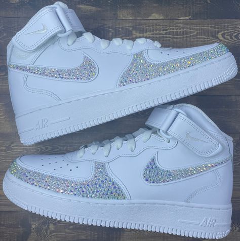 Rhinestone Air Force 1 Mids | Swooshes and Toe | bling bedazzled athletic sneakers | cute trendy fashion shoes Zapatillas Aesthetic, Tenis Nike Jordan, Teenager Dress, Bedazzled Shoes, Pretty Sneakers, Custom Air Force 1, Cute Nike Shoes, Glitter Shoes, Cute Nikes