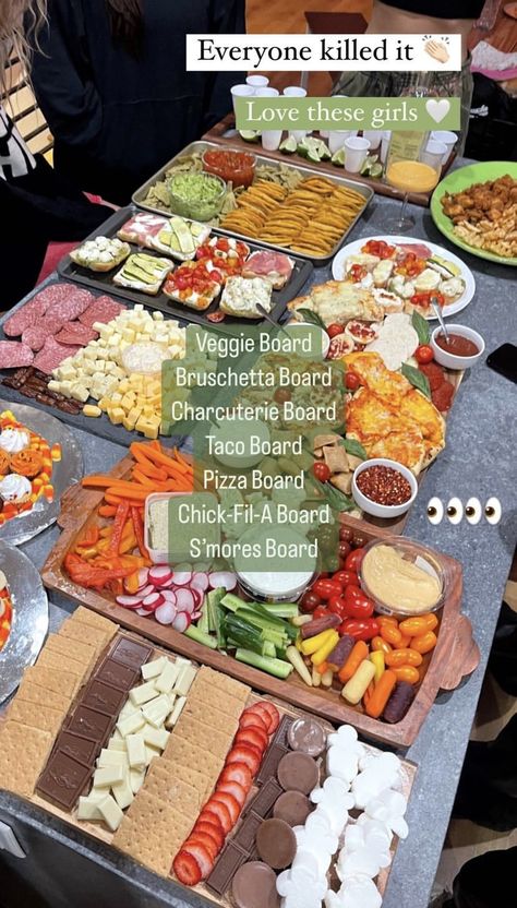 Food Boards Theme, Charcuterie Ideas Dinner Parties, Board Ideas Food Theme, Bring A Dish Ideas Parties, Bored Night Food, Girls Night Christmas Party Ideas Food, Build Your Own Board Food, Soul Food Charcuterie Board Ideas, Chacuritie Board Ideas Party