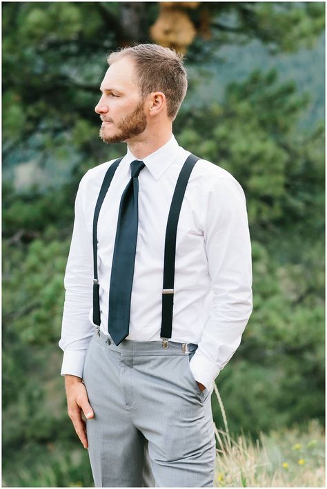 Blue/teal and grey wedding fashion for groom | wedding inspiration | Boulder Colorado Styled Elopement via Rocky Mountain Bride Groom Suspenders Wedding, Teal And Grey Wedding, Groom Suspenders, Blue Groomsmen, Groomsmen Suspenders, Bridal Parties Colors, Colorado Style, Suspenders Wedding, Teal Tie