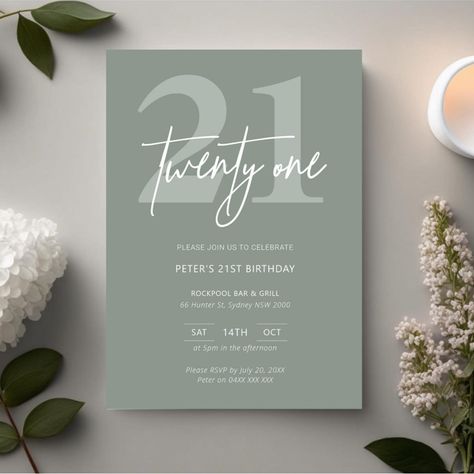 21st Invitations, 21st Birthday Themes, Sage Background, Modern Birthday Party, 21st Birthday Party, 21st Birthday Invitations, Bday Invitations, 21st Birthday Cards, Modern Birthday