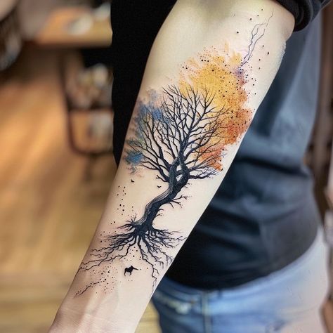 Detailed barren tree tattoo with vibrant color splash background, symbolizing nature's seasons or a mesmerizing sunset Seasons Tree Tattoo, Color Splash Background, Splash Background, Meaningful Tattoo, Abstract Color, Tattoo Set, Tree Tattoo, Meaningful Tattoos, Intricate Design