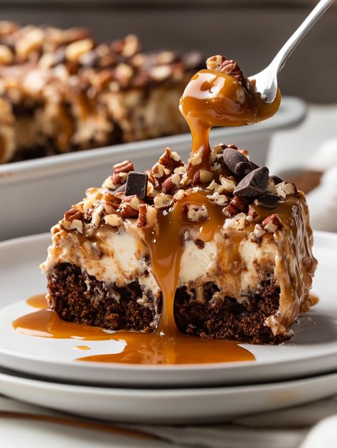 Decadent German Chocolate Poke Cake 🥥  🥥 𝗜𝗻��𝗴𝗿𝗲𝗱𝗶𝗲𝗻𝘁𝘀 🥥 1 box German chocolate cake mix 1 ⅓ cups water ½ cup vegetable oil 3 large eggs For the Filling 1 can (14 oz) sweetened condensed milk 1 jar (12 oz) caramel topping For the Topping 1 cup chopped pecans 🥥 German Chocolate Cake Trifle, German Choc Poke Cake, German Chocolate Earthquake Cake, Decorated German Chocolate Cake, Red Velvet Poke Cake Condensed Milk, German Chocolate Poke Cake Recipes, Upside Down German Chocolate Cake Recipe, German Chocolate Cake Mix Recipes, German Desserts Authentic