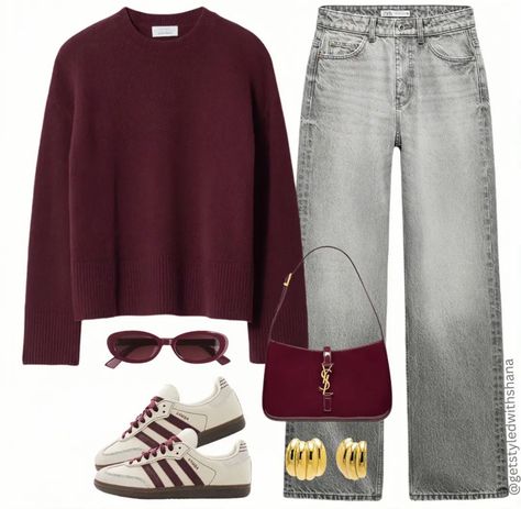 Gray Jeans Outfit Fall, Cozy College Outfit, Maroon Sweater Outfit, Burgundy Sweater Outfit, Outfit Grey, Maroon Outfit, Winter Sweater Outfits, Color Coordination, Burgundy Jeans