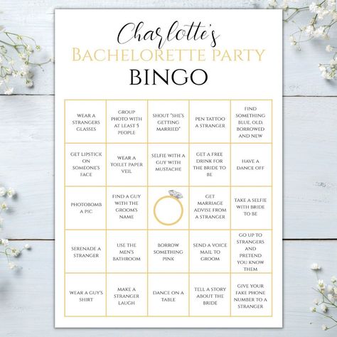 Bachelorette Bingo Gold Hen Party Game Challenge Bachelorette Bingo, Bachelorette Party Activities, Bingo Books, Road Trip Bingo, Free Printable Bingo Cards, Bingo Games For Kids, Free Bingo Cards, Gold Bachelorette Party, Bingo Template