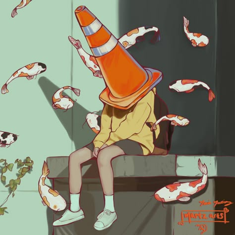 Fish School Drawing, Fish Person Art, Anime Koi Fish Aesthetic, Koi Fish Pfp, Fish Bowl Drawing, Fishes Drawing, Fish Illustration Art, Fish Pfp, Koi Illustration