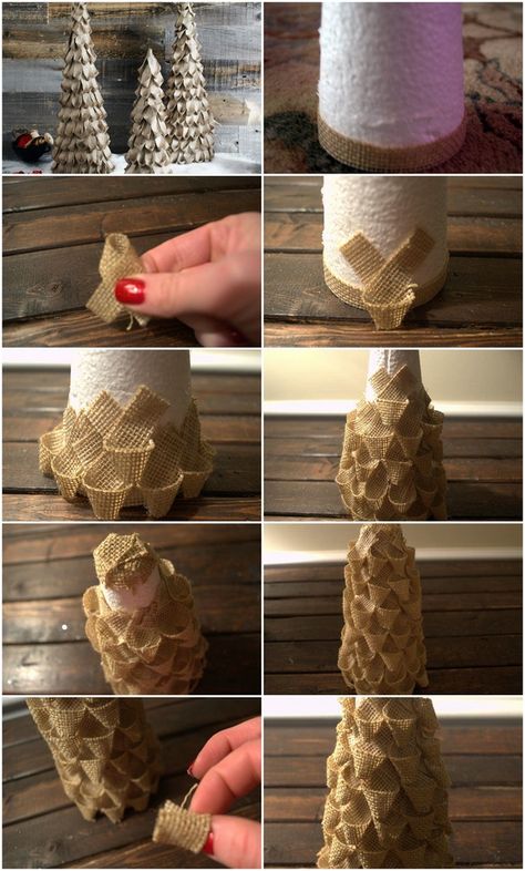 Burlap In Christmas Tree, Diy Burlap Christmas Tree, Green And Burlap Christmas Tree, Burlap Christmas Trees, Burlap Crafts Christmas, Cone Xmas Trees Ideas, Diy Christmas Tree Crafts, Diy Cone Christmas Tree, Burlap Christmas Crafts