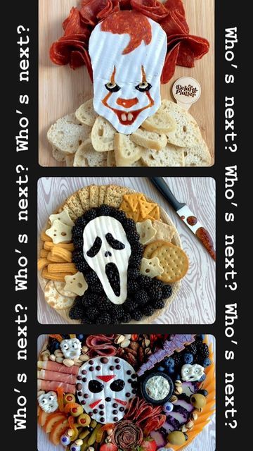 Scary Movie Charcuterie Board, Ghostface Cheese Board, Halloween Prosciutto Skull, Ghost Face Brie, Scream Face Brie, Jason Charcuterie Board, It Themed Food, Ghost Face Cheese Board, Skeleton Brie Cheese