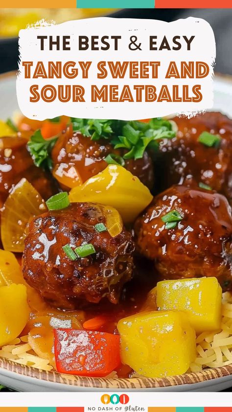 Tangy Sweet and Sour Meatballs Gluten Free Sweet And Sour Meatballs, Meatball Recipes Sweet And Sour, Meatball And Rice Dinner Ideas, Sweet N Sour Meatballs Crockpot, Sweet And Sour Chicken Meatballs, Sweet And Sour Meatballs Crockpot Easy, Sweet And Sour Sauce For Meatballs, Sweet Meatball Recipes, Meatball Appetizers For Party