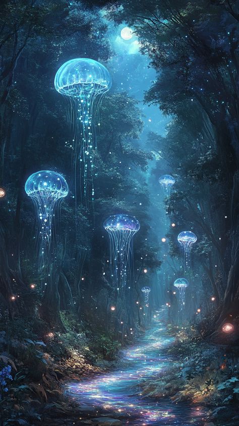 A whimsical forest with trees made of glass, glowing jellyfish floating above, and a river of stardust, bathed in the light of a two-moon sky. Fantasy Jellyfish, Floating Jellyfish, Moon Jellyfish, Glass Trees, Colors Inspiration, Water Reflection, Blue Flame, Water Reflections, Blue Flames