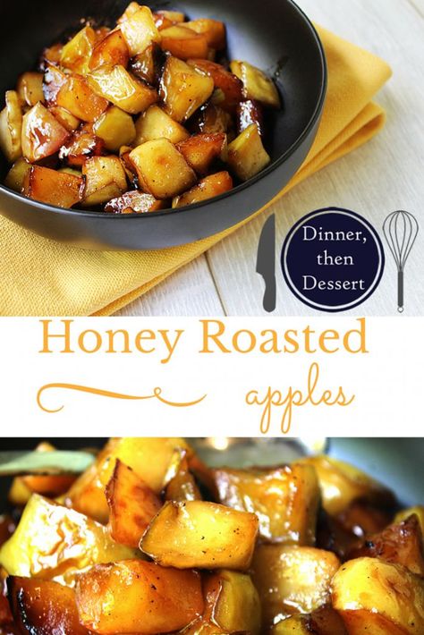 Honey Roasted Apples - Crispy while soft, sweet while salty, these Honey Roasted Apples are an absolute amazing side to a for pork, chicken and stuffed pastas. Witchcraft Kitchen, Comfort Food Desserts, Dinner Then Dessert, Roasted Apples, Pork Chicken, Honey Toast, Baked Fruit, Fruit Dishes, Honey Roasted