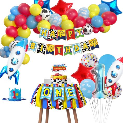 PRICES MAY VARY. 【Toy Cartoon Party Decorations】Celebrate your little one's first journey to infinity and beyond with our toy-inspired 1st birthday party decorations! This delightful collection brings the magic of Andy's room right to your party, creating an unforgettable experience for kids 【Package Included】Toy inspired first birthday supplies kit Includes 69pcs/set toy-inspired theme balloon garland arch, 1pcs birthday banner, 1pcs highchair banner, 1pcs birthday crown, 1pcs cake topper, 7pcs