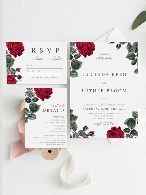 "TRY before you BUY - follow the below link: https://templett.com/design/demo/asterandrose/1688125,1688112,1688114 This download includes fully editable: x1 Wedding Invitation (5x7\") x1 rsvp card (3.5x5\") x1 wishing well card (3.5x5\") You can change: -- All content -- Font Colour -- Font Style -- Font Size -- Background Colour Changable but you will need to message me to change: -- Sizes **Please note this is a digital product - nothing physical will be shipped to you. Once you have placed your order you will receive a link to edit your template online using the software Templett. No waiting for designers - get access immediately [id:1688125,1688112,1688114]" Red Rose Wedding Invitations, Rustic Wedding Signs Diy, Red Roses Wedding, Rose Wedding Theme, Butterfly Wedding Invitations, Teal Wedding Invitations, Red Wedding Invitations, Red And White Weddings, Christmas Wedding Invitations