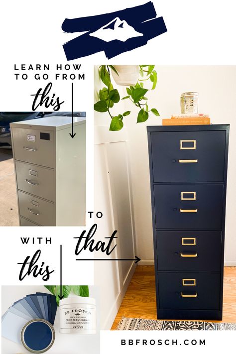 PAINTED FILING CABINET | AFFORDABLE OFFICE MAKEOVER | HOW TO USE CHALK PAINT IN A SPRAYER Painted File Cabinets, File Cabinet Makeover, Metal Filing Cabinet, Office Makeover, Furniture Renovation, Refurbished Furniture, Furniture Makeover Diy, Flipping Furniture, Redo Furniture