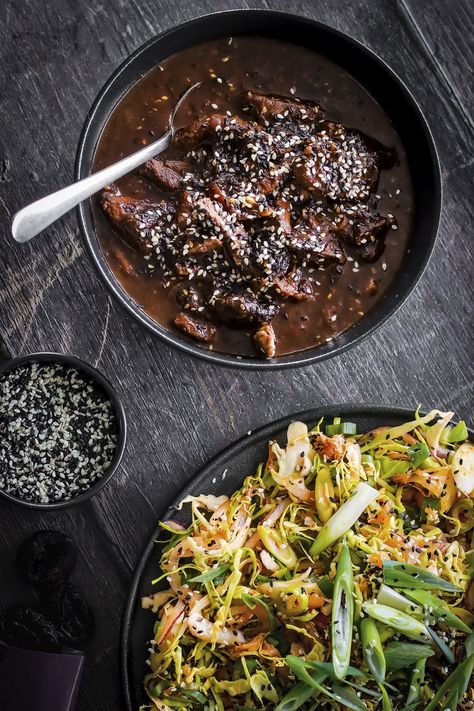 Korean-style barbecue beef with kimchi slaw | Food and Travel magazine Kimchi Slaw, Beef Barbecue, Korean Beef, Travel Magazine, Food And Travel, Barbecue Sauce, Sesame Seeds, Wine Drinks, Kimchi