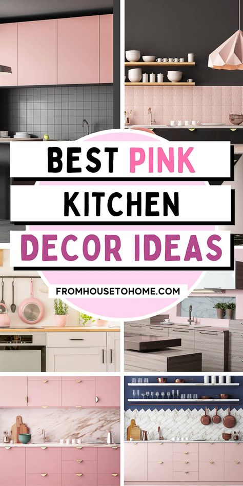 Pink Kitchen Decor Ideas And Inspiration Pink Kitchen Cabinets Black Countertop, Pink Walls In Kitchen, Black White And Pink Kitchen, Pink Backsplash Kitchen Tile, Pink Fridge Kitchen, Pink And Black Kitchen Decor, Pink Accent Kitchen, Pink Countertops Kitchen, Grey And Pink Kitchen Ideas