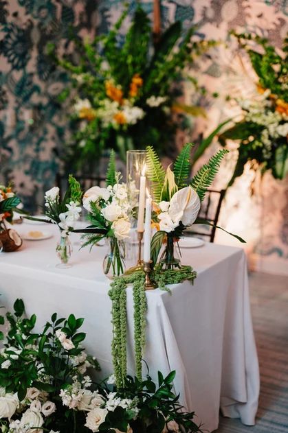 Tropical Sweetheart Table Wedding, Orchid Sweetheart Table, Tropical Head Table, Tropical Sweetheart Table, Bridal Table Flowers, Key Largo Wedding, Main Table Wedding, Table Flower Arrangements, Sweetheart Table Wedding