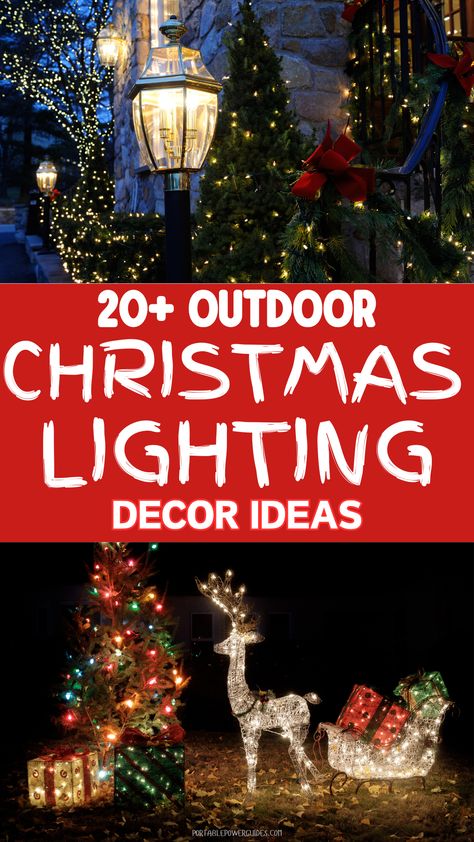 Unique outdoor Christmas lights display featuring bright lights on trees and rooftops. Christmas Tree Outdoor Lights, Small House Outdoor Christmas Lights, White And Colored Christmas Lights On House, Outdoor Christmas Lights For Fence, Landscape Christmas Lights, Roof Christmas Lights Ideas, Ideas For Christmas Lights Outside, Outdoor Lights Christmas Decor, Pergola Christmas Lights