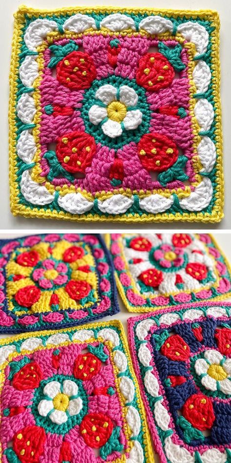 Bright and atmospheric, this crocheted square will remind you of the days spent with grandma in the village. It preserves the spirit of summer, cheerful and warm, and allows you to feel this atmosphere during the cold months of the year. The blanket made with these squares will be very cozy. The free crochet pattern is easy to follow. #freecrochetpattern #crochetsquare #crochetbuildingblocks #fruitcrochet Funky Crochet Patterns Free, Funky Granny Squares, Funky Crochet Patterns, Fun Crochet Blanket, Fun Granny Squares, Dnd Crochet, Strawberry Granny Square, Home Crochet Patterns, Popular Crochet Patterns