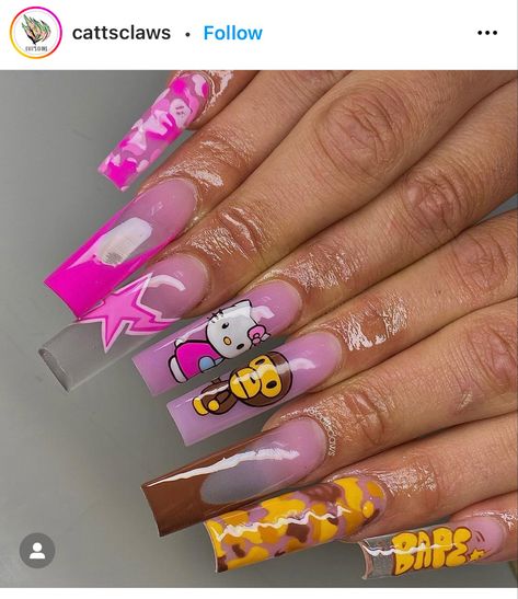 Unique Nails Design, Baby Phat Nails, Bape Nails Design, Long Nail Inspo Baddie, Hot Pink Gel Polish, Freestyle Nail Art, Bape Nails, Sweetie Nails, Yellow Gel Polish