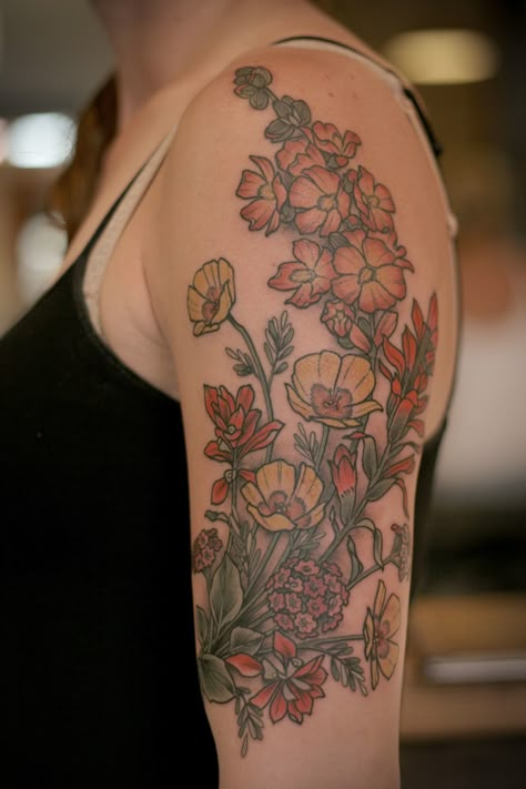 kirsten makes tattoos – Arizona poppy, globemallow, desert verbena, and Indian paintbrush Botanical Illustration Tattoo, Tattoo 2015, Tattoo Fixes, Space Tattoos, Flower Bouquet Tattoo, Wildflower Tattoo, Bouquet Tattoo, Wonderland Tattoo, Floral Tattoos