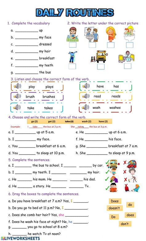 Daily Routines online exercise and pdf. You can do the exercises online or download the worksheet as pdf. Daily Routine Worksheet, Daily Routine Activities, Cvc Worksheets, Materi Bahasa Inggris, Family Worksheet, Simple Past Tense, Simple Present, Worksheets Kindergarten, English Exercises