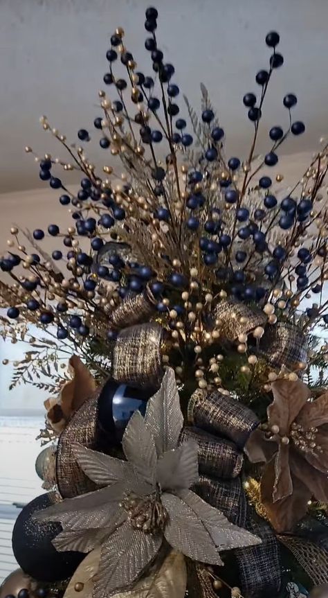 Navy Blue Silver And Gold Christmas Tree, Navy Blue Tree Christmas, Brown And Navy Christmas Tree, Navy Green And Gold Christmas Tree, Flocked Tree Blue Ornaments, Office Christmas Trees, Silver Gold And Blue Christmas Tree, Navy And Brown Christmas Tree, Gold And Navy Christmas Tree