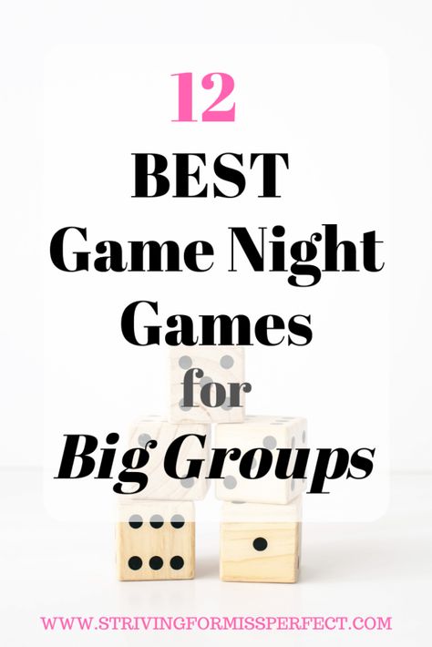 12 Best Game Night Games for Big Groups | Are you planning a party or need fun games for your next game night? Here are 12 Best Game Night Games for Big Groups! All 12 of these games are easy to play and everyone will have fun. #gamenight #gamenightgames #gamesforbiggroups #gamesforlargegroups #partygames #party |Striving For Miss Perfect Games For Big Groups, Game Night Games, Fun Games For Adults, Thanksgiving Games For Adults, Adult Game Night, Large Group Games, Couples Game Night, Game Night Parties, Fun Group Games