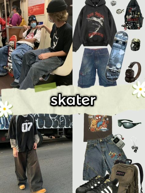 Rainbow Vans Outfit Ideas, Garage Aesthetic Outfits, Skater Grunge Outfits Men, Skater Gf Outfit, Scate Bords Outfit, Skater Fashion Aesthetic, 90s Skater Aesthetic Outfits, Summer Outfits Skater, Skate Punk Fashion