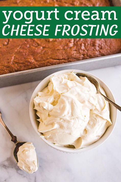 Greek yogurt replaces some of the cream cheese for a slightly lighter cream cheese frosting This frosting recipe is perfectly sweet, tangy, fluffy, and rich. Frost pumpkin cake, red velvet cake, or sugar cookies. #creamcheesefrosting #frostingrecipe #fallbaking #winterbaking #glutenfreerecipe #greekyogurt #creamcheese | robustrecipes.com Cream Cheese Fristing, Frosting Without Powdered Sugar, Greek Yogurt Cream Cheese, Healthy Cream Cheese Frosting, Greek Yogurt Frosting, Yogurt Cream Cheese, Healthy Cream Cheese, Cake Pumpkin, Cream Cheese Appetizer