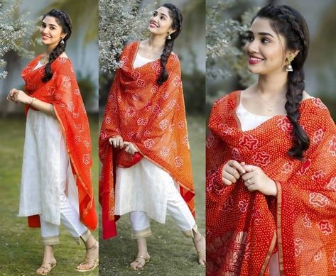 Kirthy Sheety, White Kurta With Dupatta, Kurta Photography Poses Women, Kurta Photoshoot Ideas, Colourful Dupatta, Bengali Makeup, White Kurta Set, Kirthi Shetty, Elegant Cotton Dress