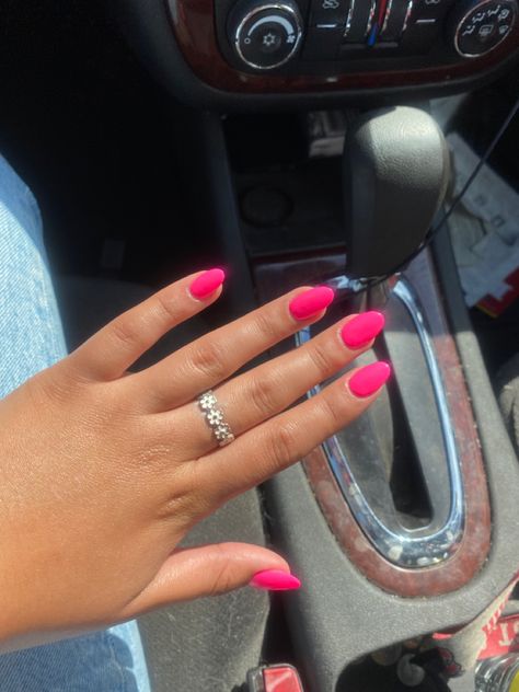 Solid Pink Acrylic Nails Almond, Short Almond Hot Pink Nails, Hot Pink Almond Shaped Nails, Almond Shape Hot Pink Nails, Oval Hot Pink Nails, Cute Acrylic Nails For Summer Almond, Spring Break Nail Ideas Almond, Short Almond Nails Summer Colors, Shapes Of Acrylic Nails