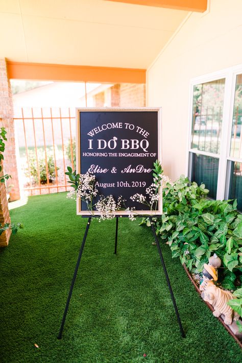 Bbq Themed Engagement Party, Welcome Bbq Wedding, Classy Backyard Engagement Party, I Do Bbq Welcome Sign, Engagement Party Barbeque, Wedding Reception Cookout, Lake House Engagement Party, I Do Bbq Engagement Party Decorations, Bridal Shower Cookout