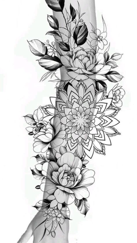 Forearm Tattoo Women Sleeve Mandala, Peony Tattoo Leg, Tattoo Floral Sleeve, Mandala Tattoo Sleeve Women, Mandala Arm Tattoos, Arm Cover Up Tattoos, Mandala Tattoos For Women, Mangas Tattoo, Floral Mandala Tattoo