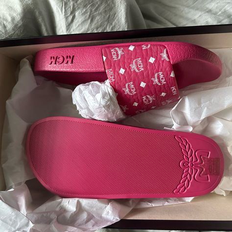 Brand New!!! Never Worn Before Mcm Slides Size 35 In Women Box Included Authenticity Included!! Open To Offers! Mcm Sandals, Mcm Slides, Pink Mcm, Mcm Shoes, Mcm Belt, Sneaker Closet, Pink Slides, Pretty Sandals, Women Slides