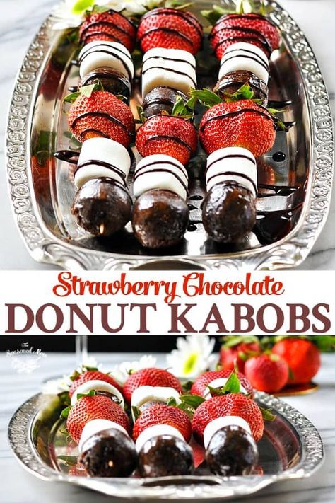 Just 4 ingredients and 5 minutes of prep for these Strawberry Chocolate Donut Kabobs! Valentine's Day food recipes | Donut Party | Donut Birthday Party | Brunch Ideas | Brunch Recipes | Desserts | Dessert Recipes Easy | Easy Desserts #valentinesday #strawberrydessert #dessert Birthday Party Brunch Ideas, Brunch Desserts Easy, Party Brunch Ideas, Donut Kabobs, Birthday Party Brunch, Dessert Donut, Brunch Party Recipes, Valentines Brunch, Recipes Strawberry