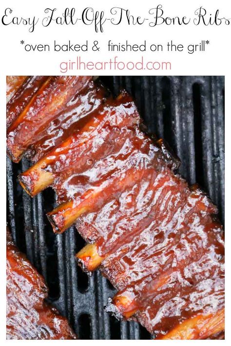 This recipe for easy fall-off-the-bone ribs is delicious! Pork ribs are coated with a simple spice mixture, baked, brushed with bbq sauce & then grilled. The only rib recipe you'll need! #ribs #pork #grilling #bbq #barbecue #falloffboneribs #ovenbakedribs #grilledribs #spiceblendforribs #dryrubforribs Easy Rib Recipes, Fall Off The Bone Ribs, Ribs In Oven, Oven Baked Ribs, Bbq Pork Ribs, Rib Recipe, Baked Ribs, Pork Rib Recipes, Ribs On Grill