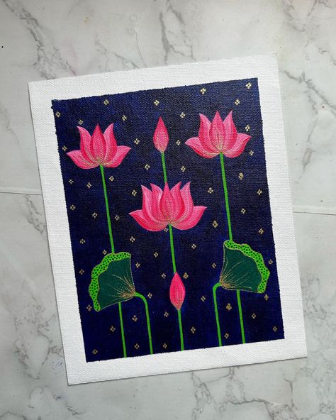 Indian Lotus Painting, Pichwai Lotus Painting, Pichwai Paintings Lotus, Pichwai Designs, Pichwai Art Paintings, Lotus Acrylic Painting, Punjabi Embroidery, Pichwai Lotus, Pohela Boishakh